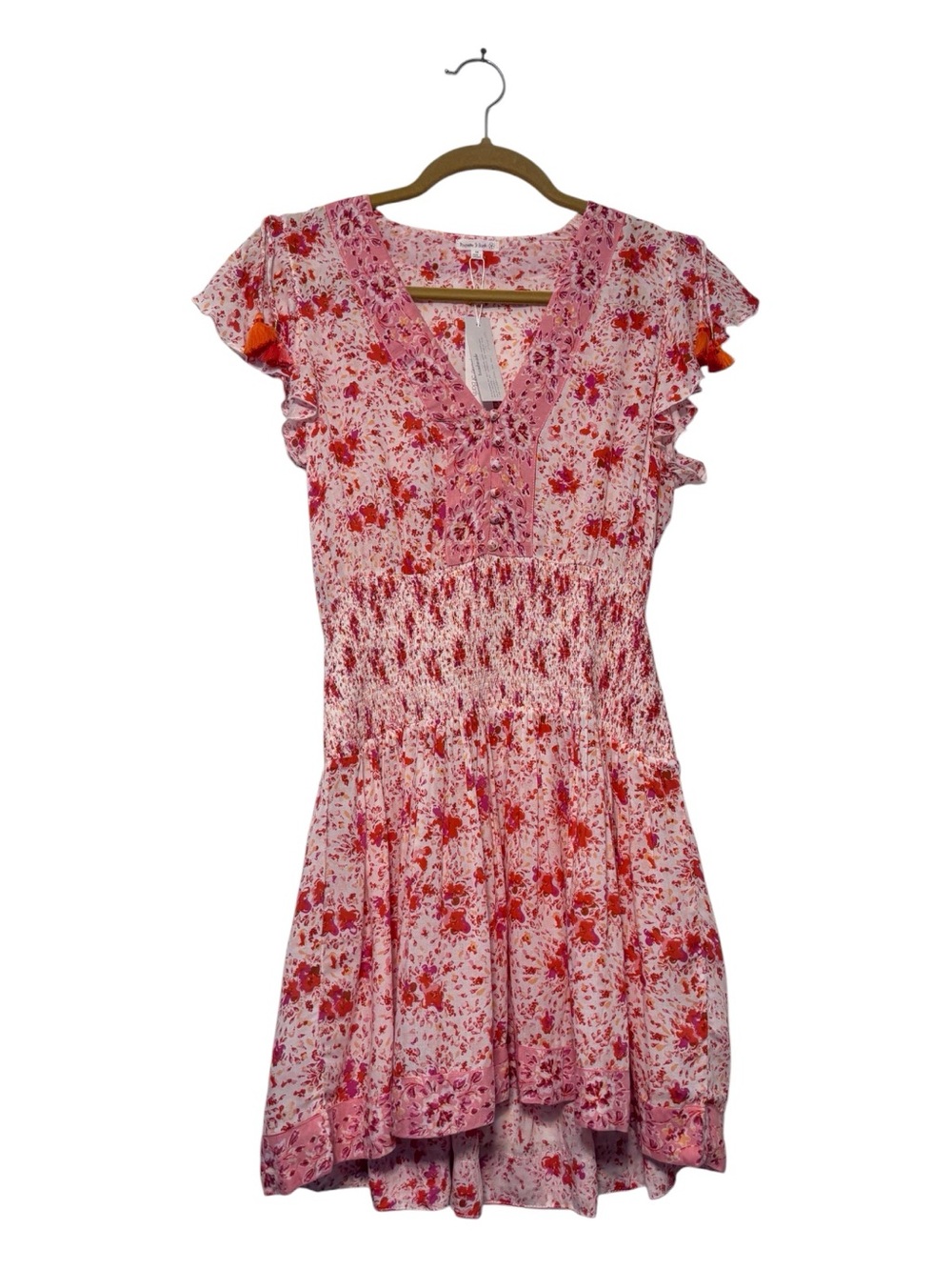 Poupette St. Barth Rachel Mini Dress  Smocked Pink Watercolor Floral Medium NWT